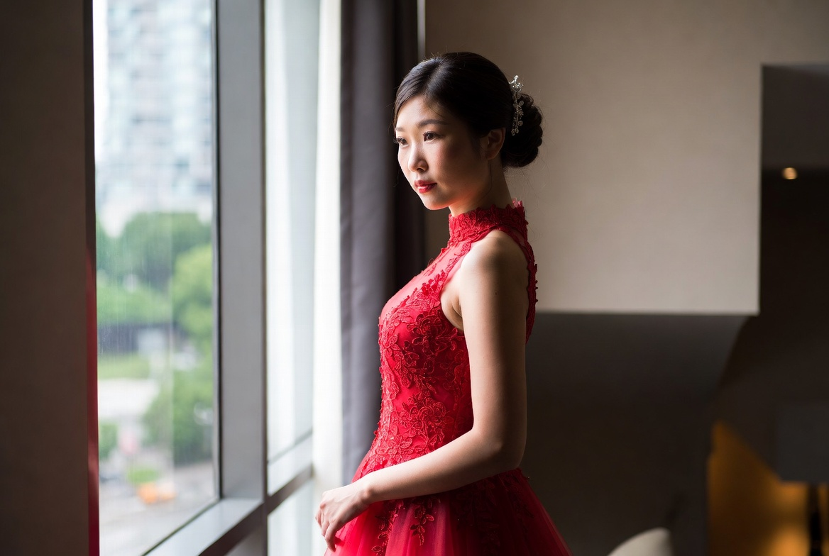 A woman in a red dress